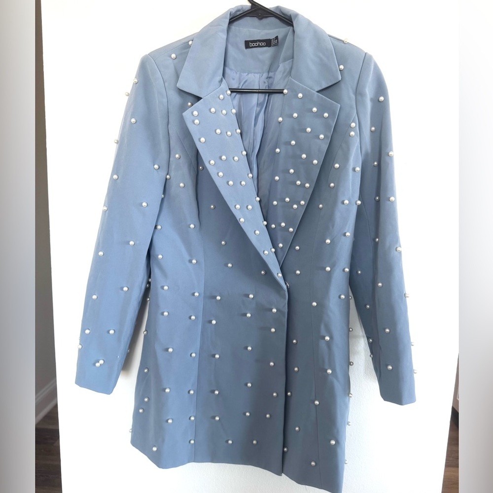 Boohoo Blue Pearl Embellished Longline Blazer Coat Jacket Dress Size 6 NWT